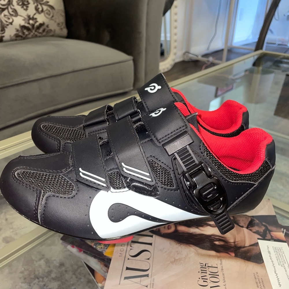 Peloton Black and White Cycling Shoes with Red Cleats